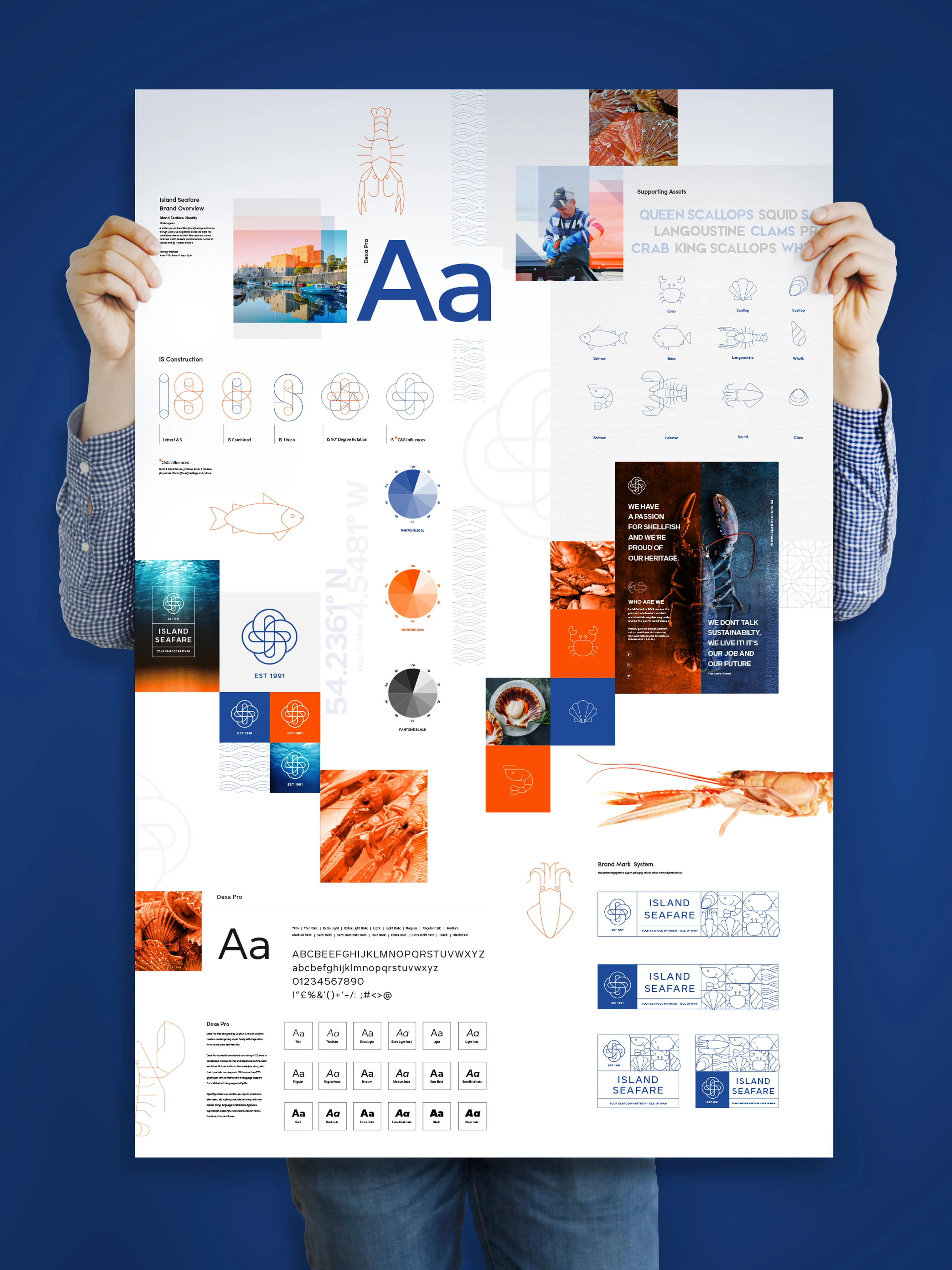 Person holding a large Island Seafare brand guidelines poster showing typography, logo, colour palette, icon set and shellfish product photography, designed by DotPerformance